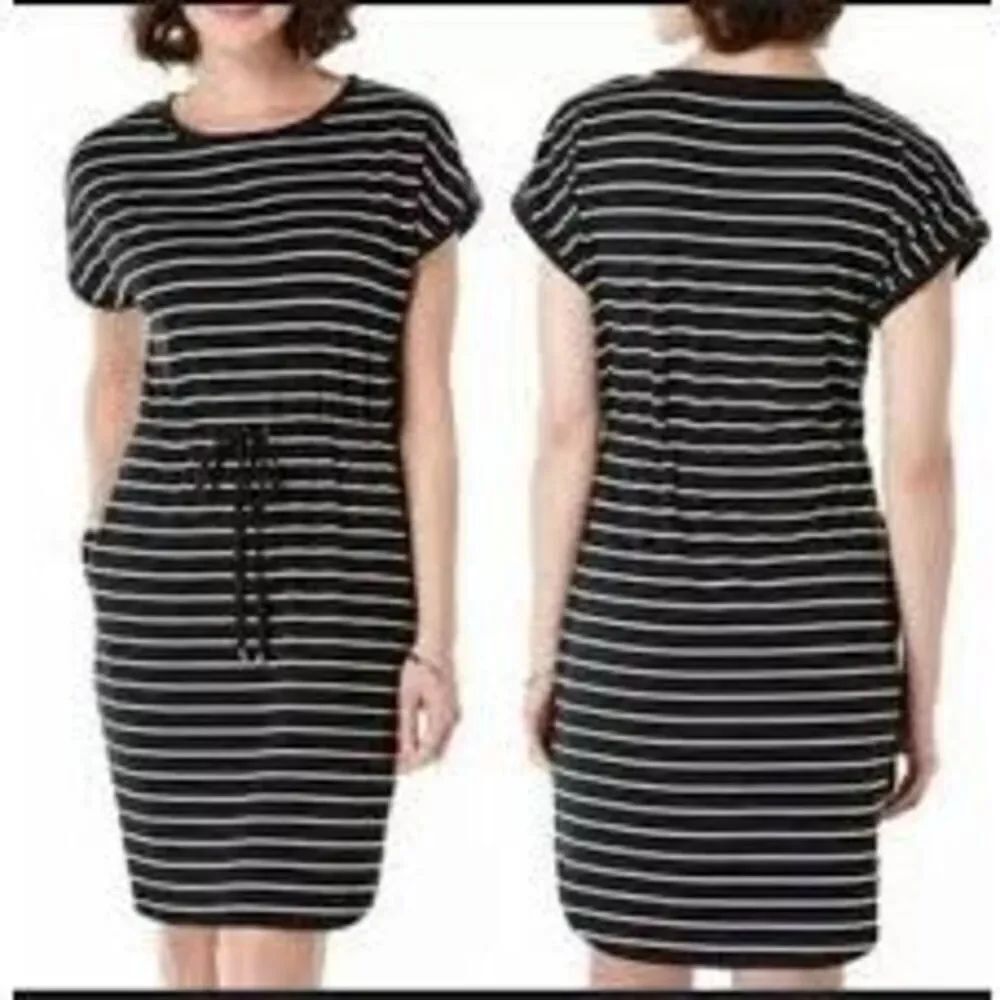 Rafaella Short Sleeve Tie Waist Dress Blue White Stripe Casual Coastal Nautical